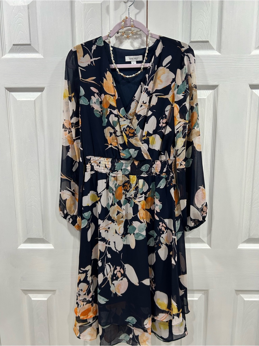 Nine West Black Floral Wrap-Style Long Sleeve Dress w/necklace/bracelet